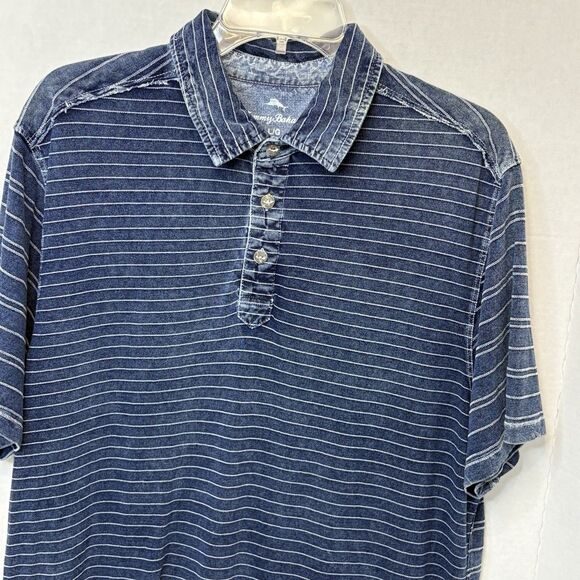 TOMMY BAHAMA Shirt Mens Large Blue Stripe Distressed Denim Look Polo Casual - Picture 2 of 9